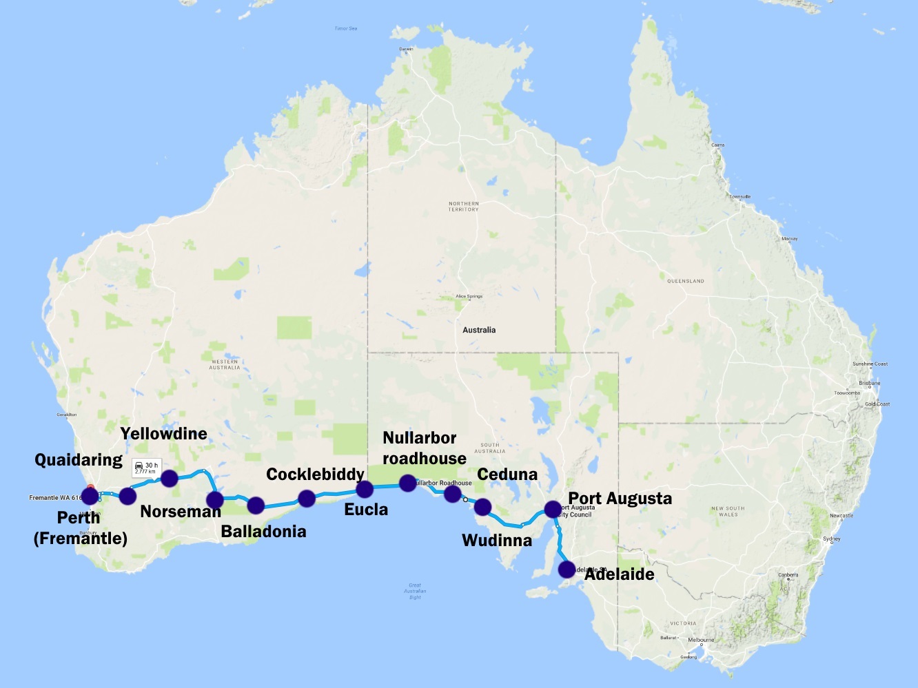Adelaide to Perth, about 2800km in 11 days